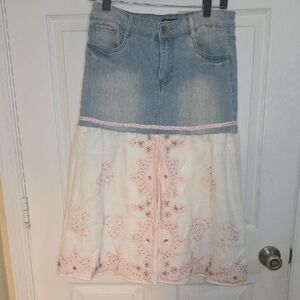 Dollhouse Denim and Cream Floral A-Line Skirt